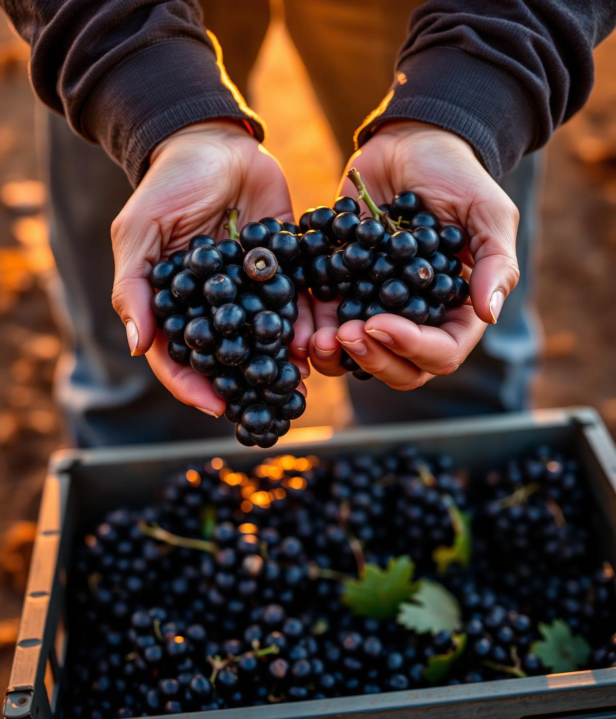 Hands holding freshly picked shiraz grapes above a picking crate